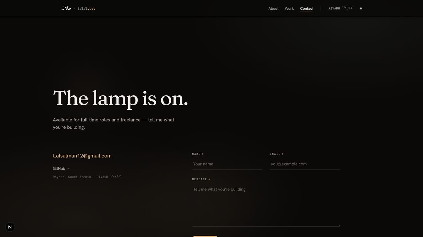 This Portfolio — Contact — the lamp is on